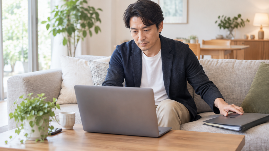 ノートパソコンを確認しながら書類ファイルを閉じる人物
