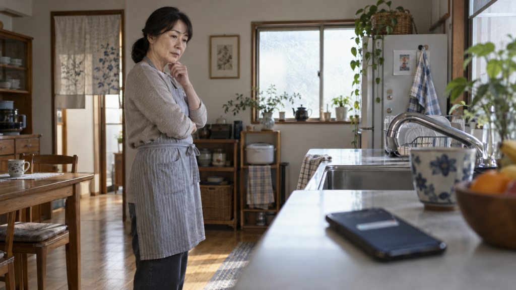 SNSの通知が届いたスマートフォンを置いて考える中年女性