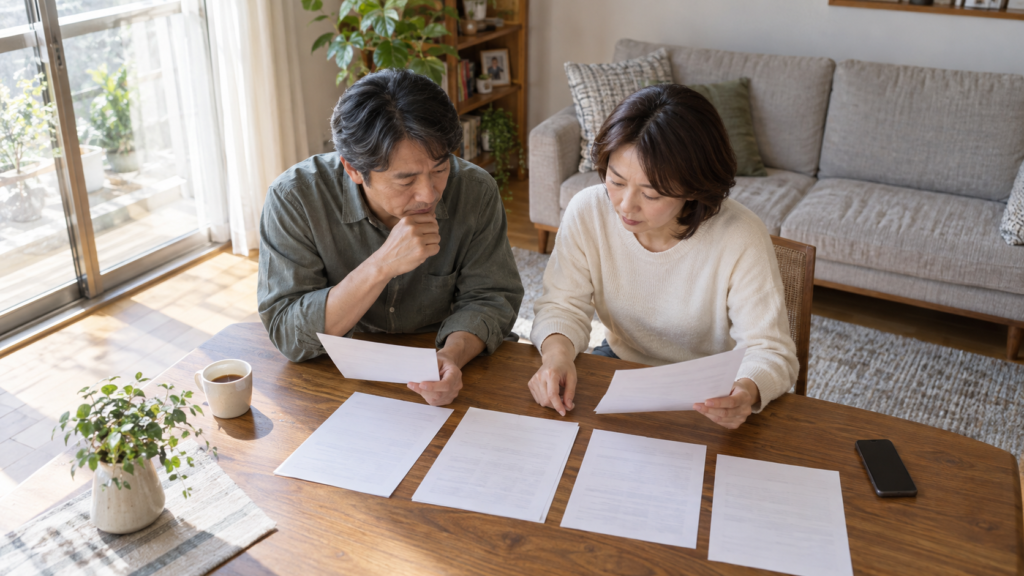 二人で書類を並べて投資の確認事項を整理するリビングのテーブル