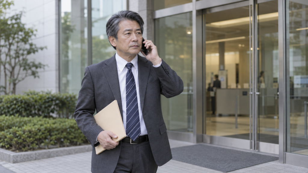 オフィスビルの前で書類を持ち電話する中年男性