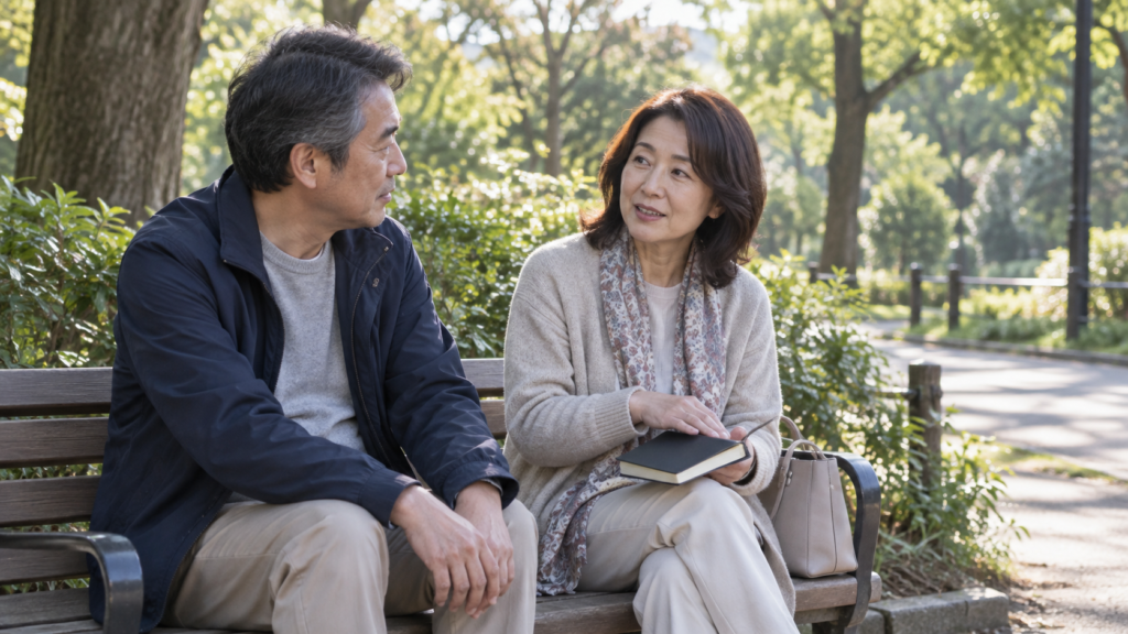 公園のベンチで落ち着いて話し合うセミリタイア世代の二人