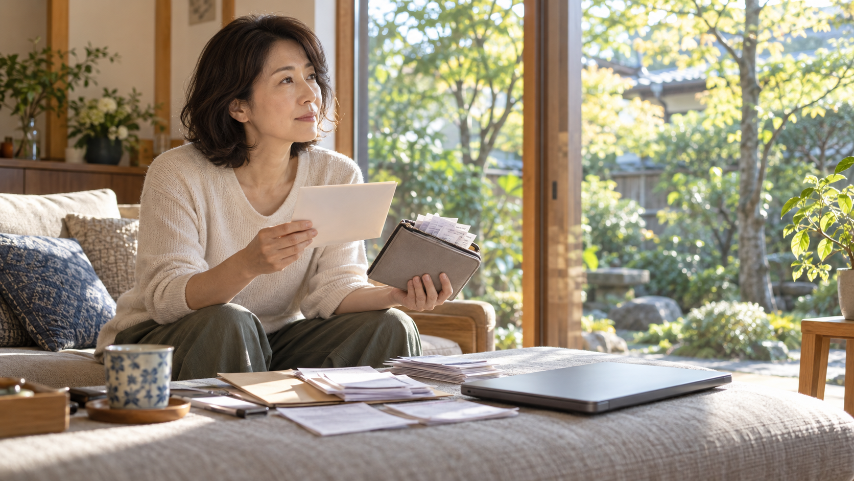 窓辺で医療費の書類を確かめるセミリタイア世代の人
