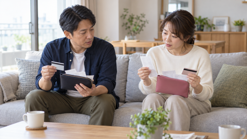 夫婦がそれぞれの支払い記録を確かめる様子