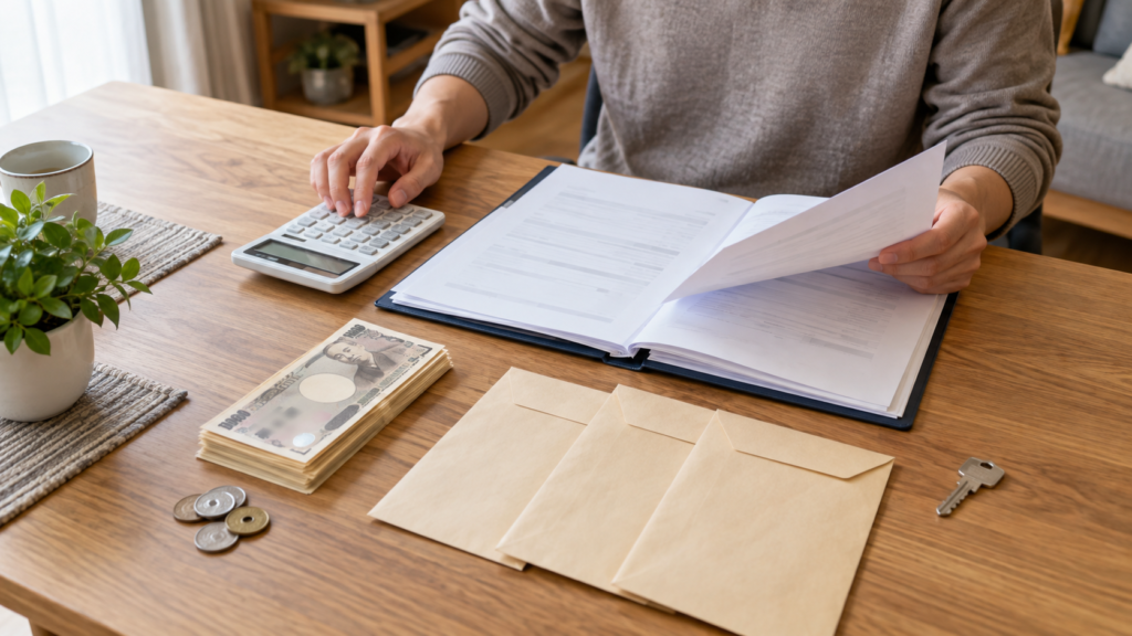 契約書と電卓を並べて住み替え資金を整理する机
