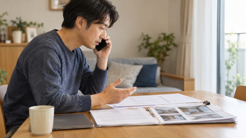 契約書と精算書をそろえて電話で相談する人