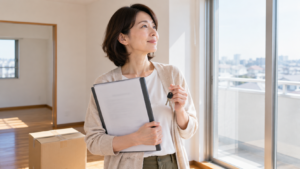 空室を背景に契約書と鍵を持ち住み替えを準備する人