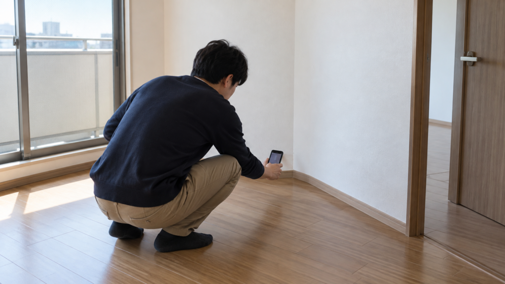 荷物を出した賃貸の壁と床をスマートフォンで撮影する様子