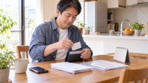 保険切替の書類とカードケースを確認する男性