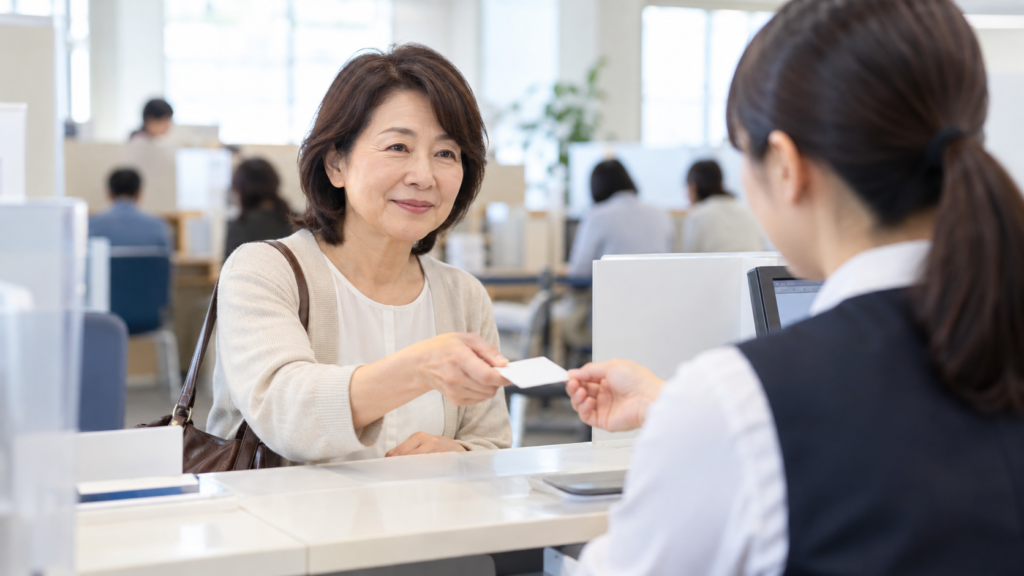 自治体の窓口でカードの更新を相談する女性