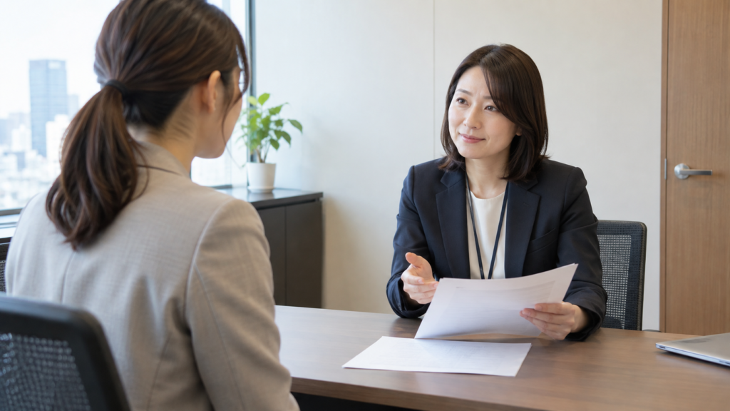 職場で介護と仕事の両立を相談する様子