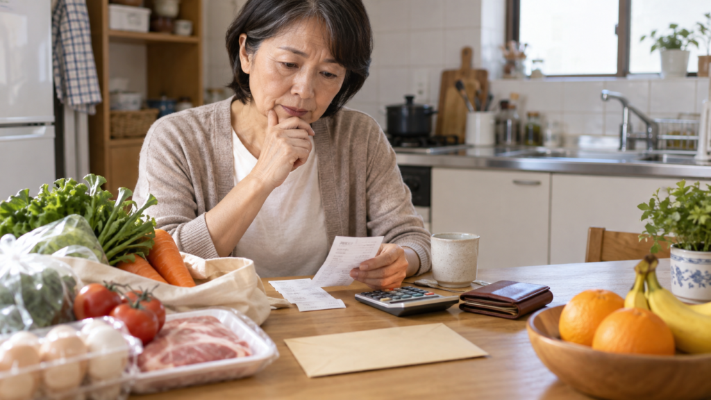 台所に置かれた日常の食料と財布