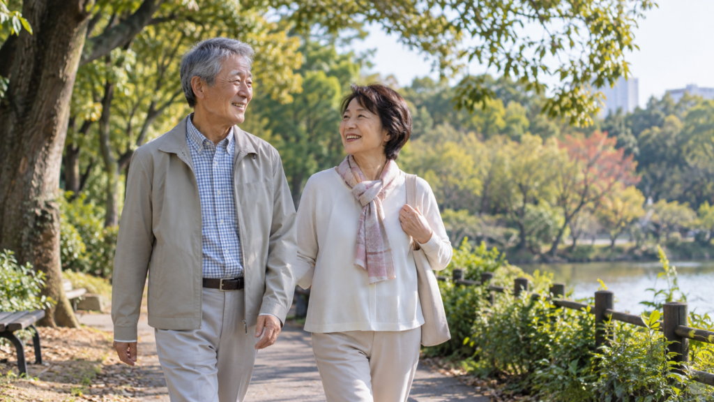 緑の公園を歩きながら話す60代の夫婦