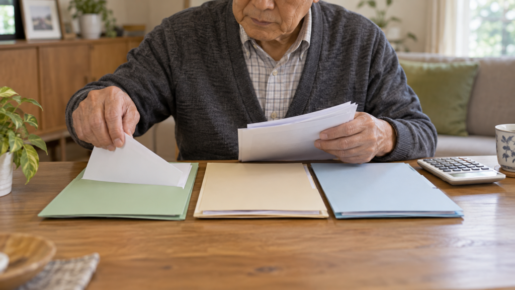 机上の書類を三つのフォルダーに分ける手