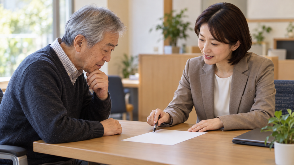 相談窓口で説明を聞くシニアの来訪者