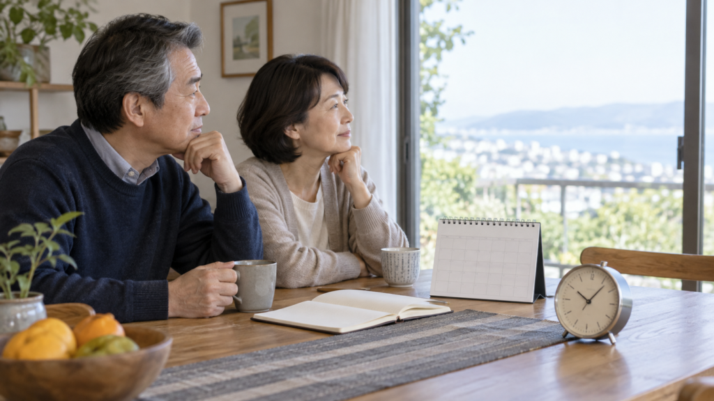 時計と空白のカレンダーで受給時期を考える机