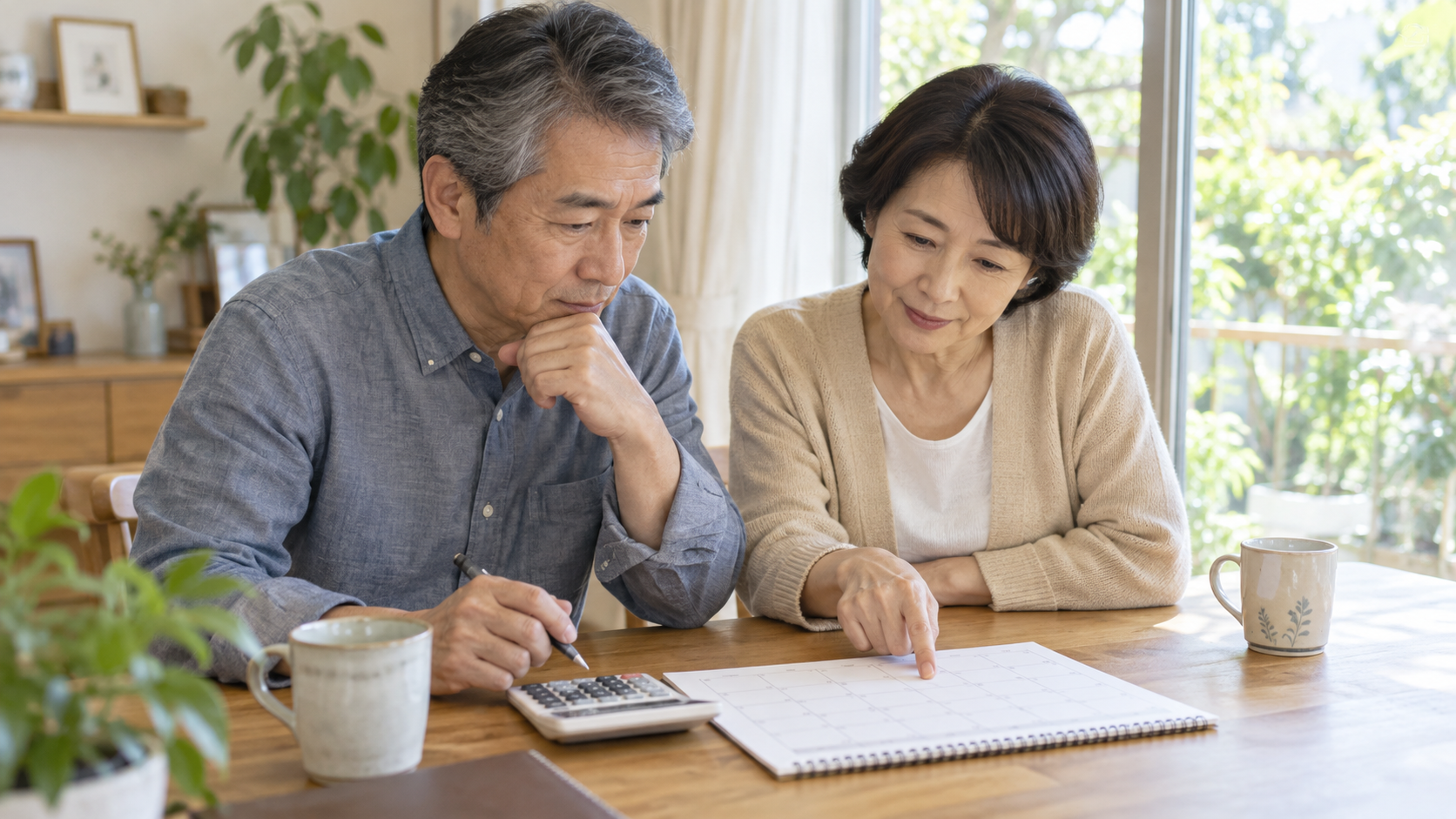 カレンダーと電卓を前に年金の受給時期を相談する夫婦