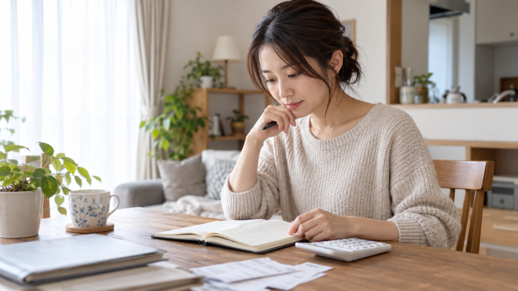 自宅で無理のない家計を見直す人物