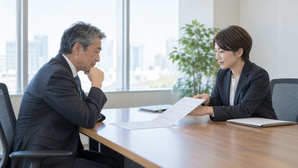 会社の担当者と退職前の提出書類を確認する人