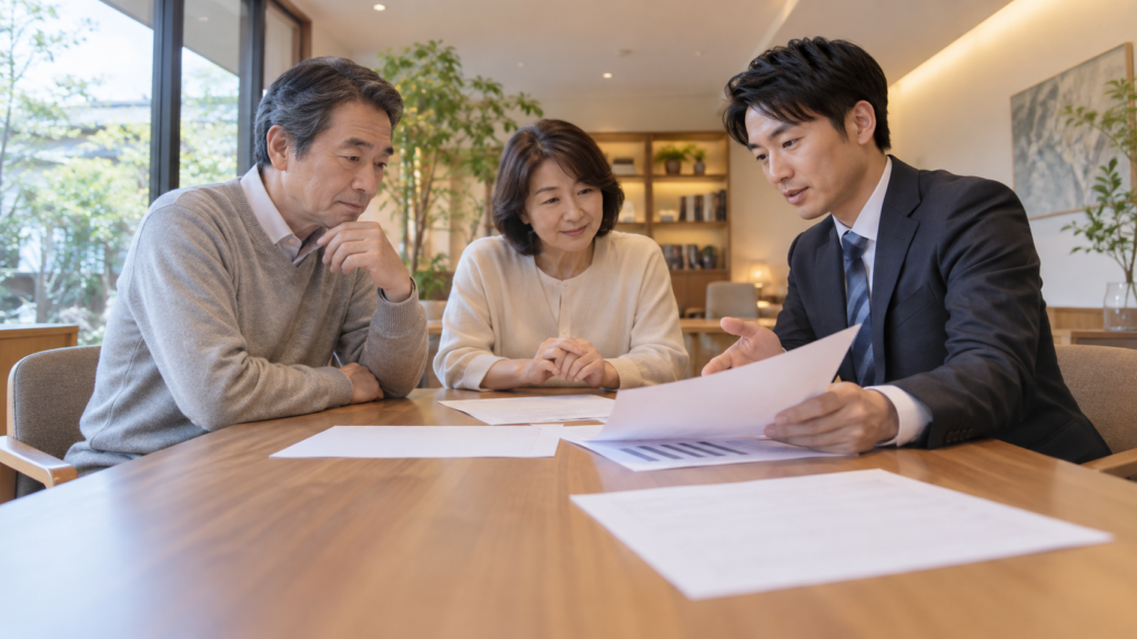 複数の一時金の受取予定を資料で相談する人たち