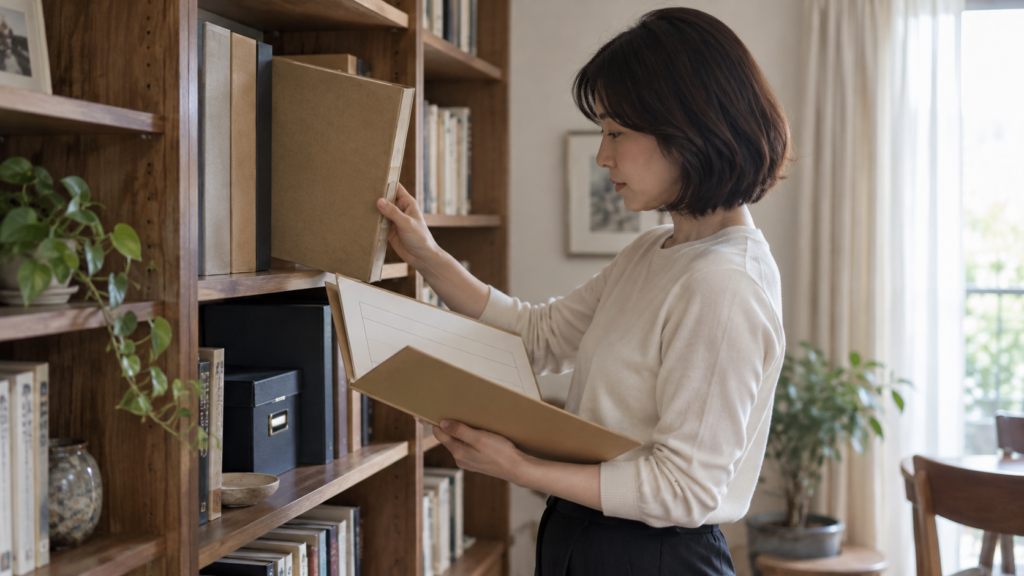 前の勤務期間を確認するため保管書類を取り出す人