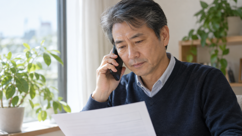 退職金の書類の記載内容を電話で確認する人