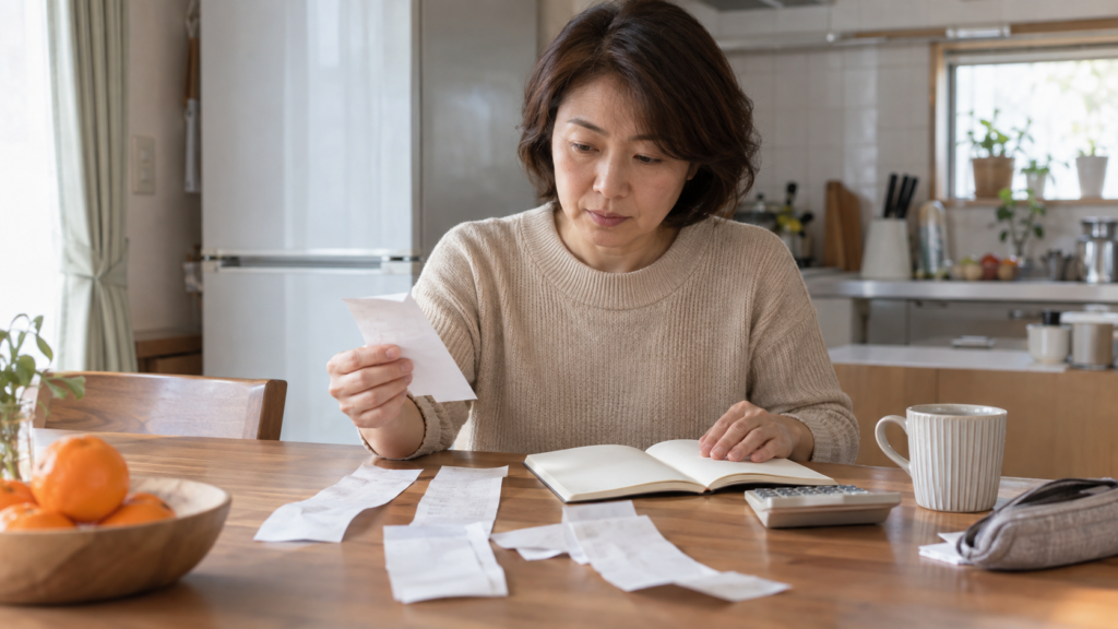レシートと家計ノートで日常の支出を確認する人物