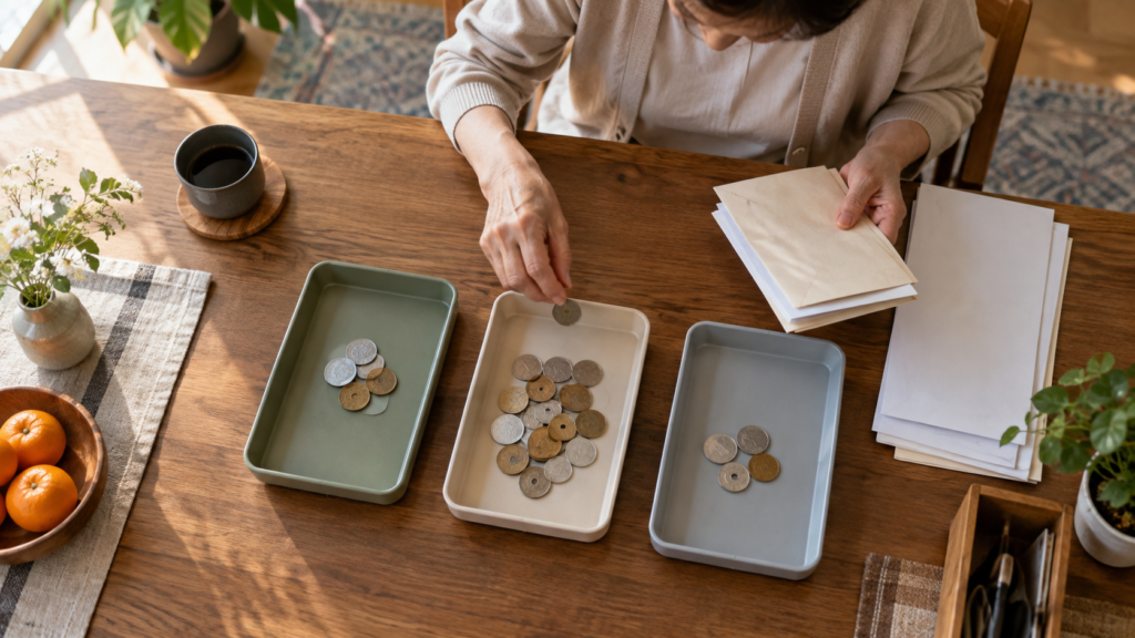 三つのトレーへ硬貨と書類を分ける手元