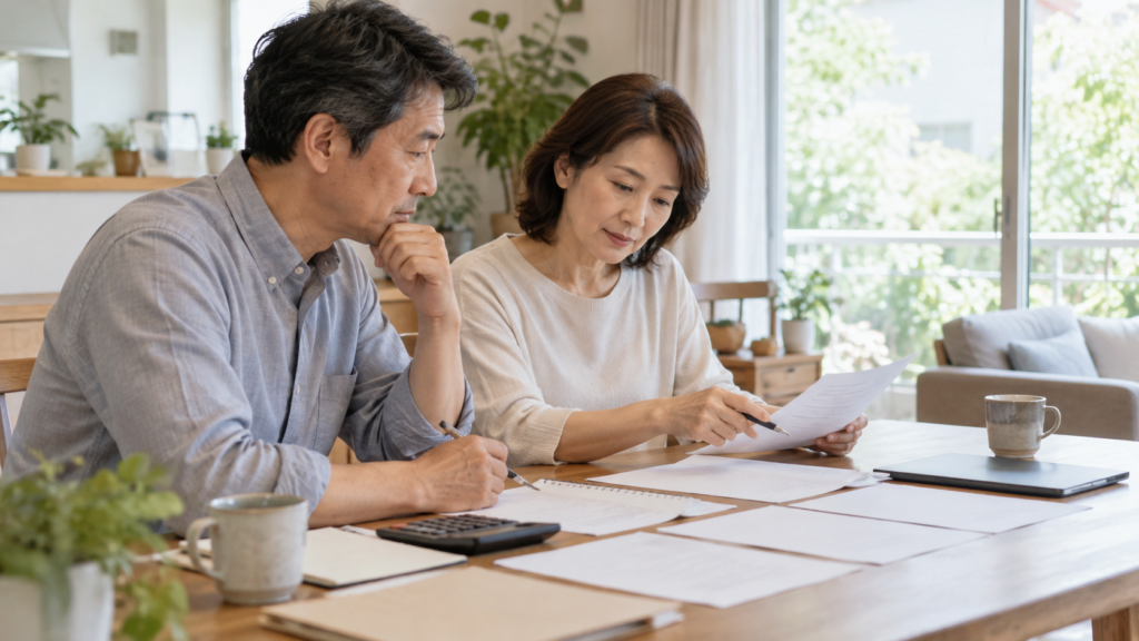 自宅で資料を比較して資金運用の手順を考える人物