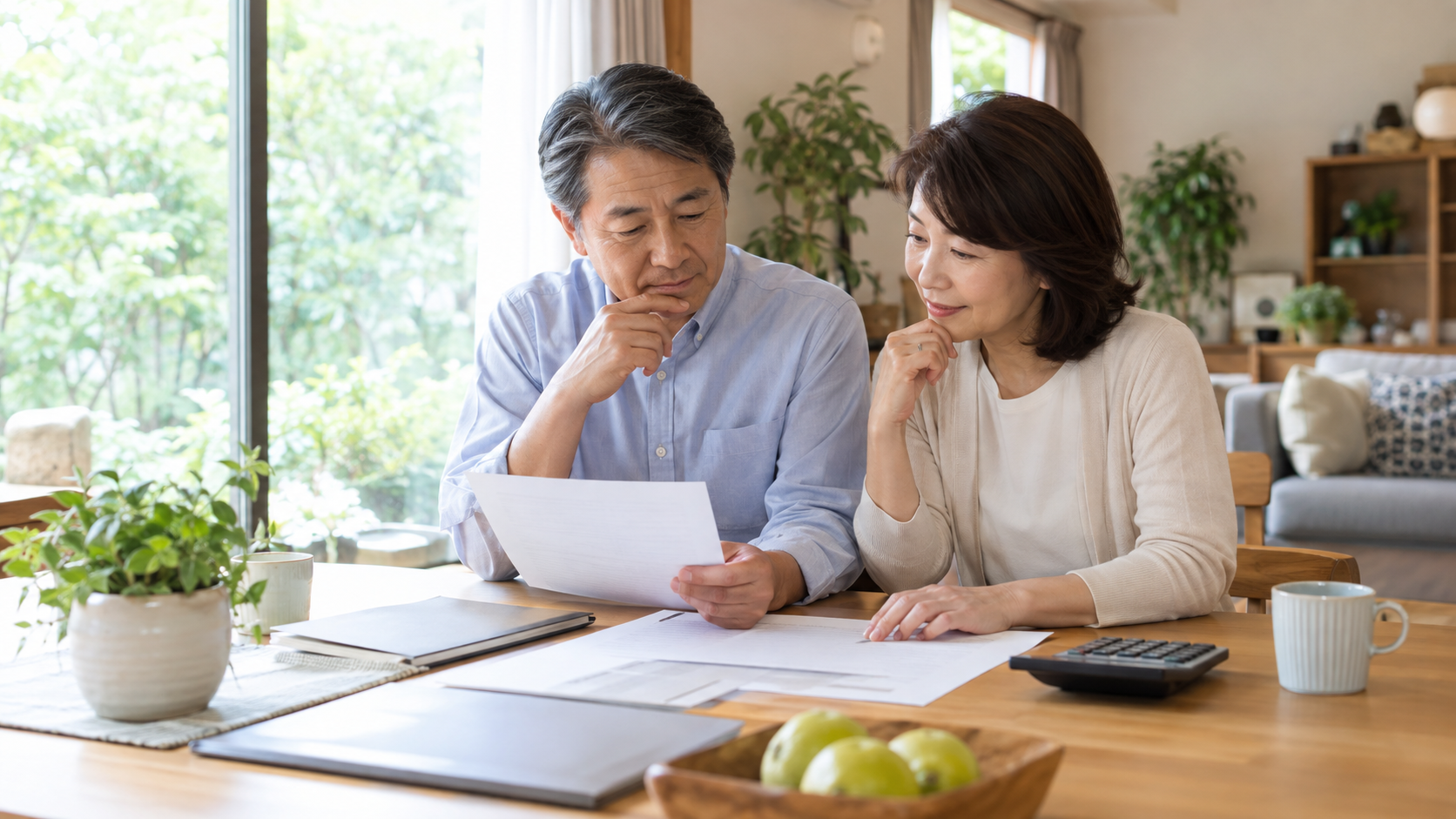 明るい自宅で退職後の家計について相談する夫婦