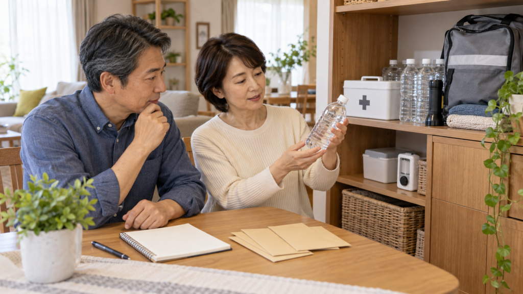 働けない期間に備えて生活費と緊急時の用品を確認する夫婦