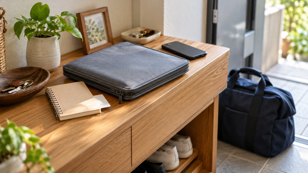 緊急時に持ち出す書類ポーチと連絡用のスマートフォン