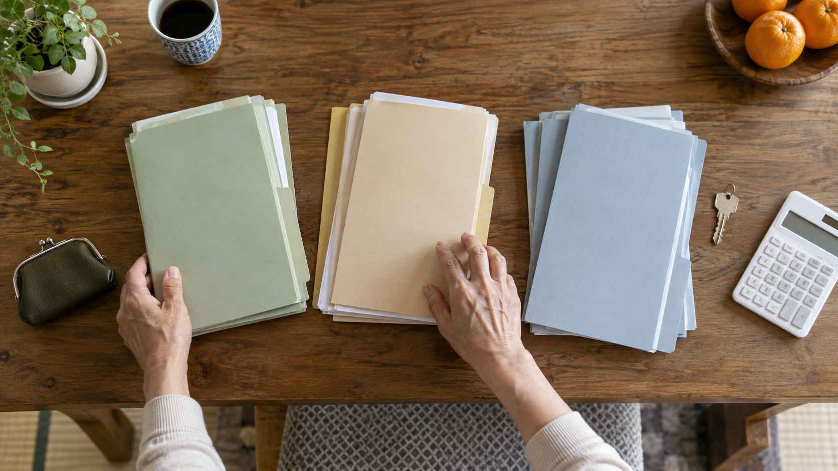 資産を分類する書類フォルダーと電卓を並べた机