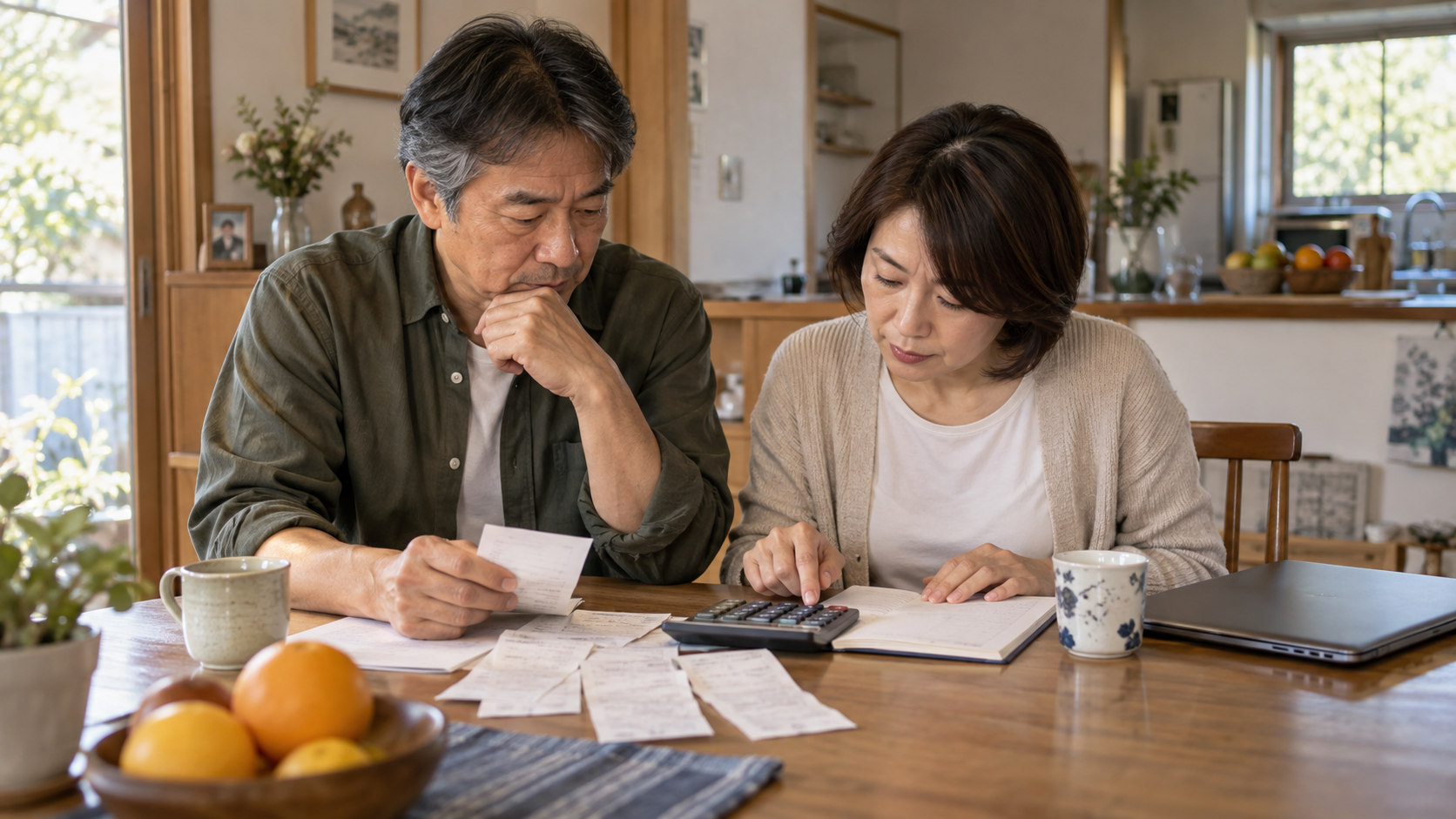 領収書と家計ノートを見ながら生活費を確認する夫婦