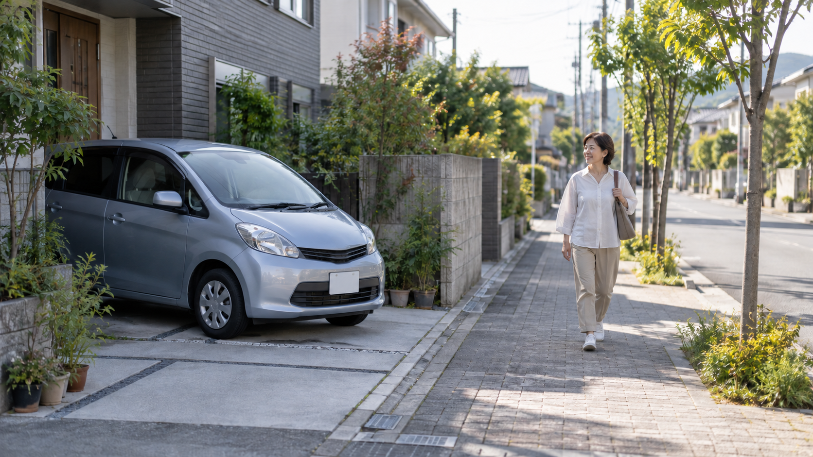 住宅街の駐車場にある車と歩道を歩く人
