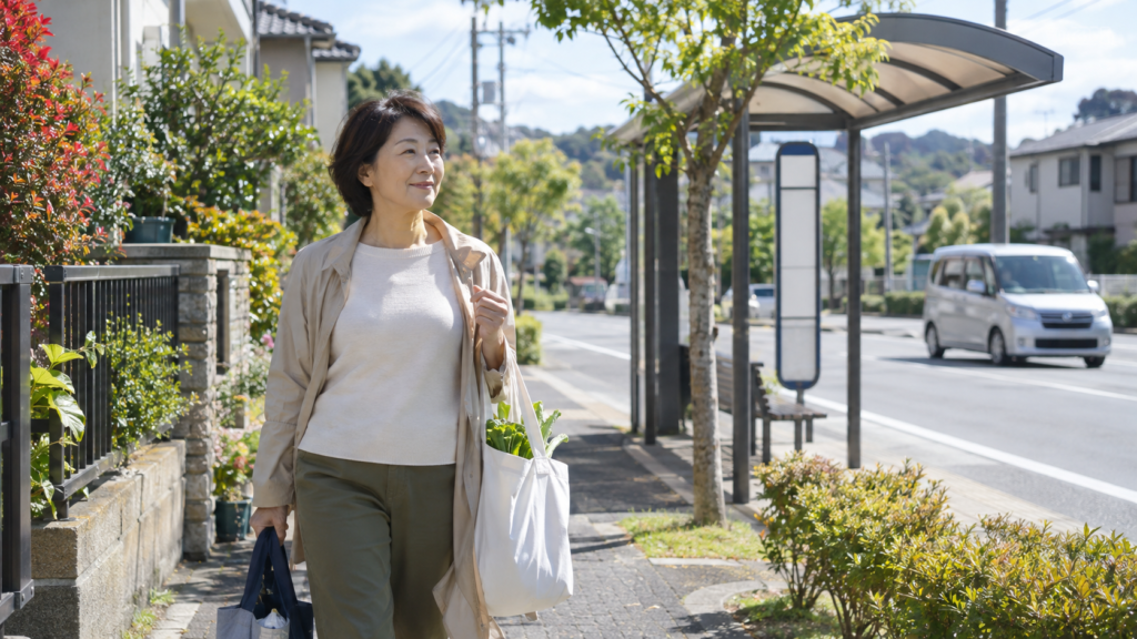 買い物袋を持って歩道を歩く人の車なし生活を試すイメージ