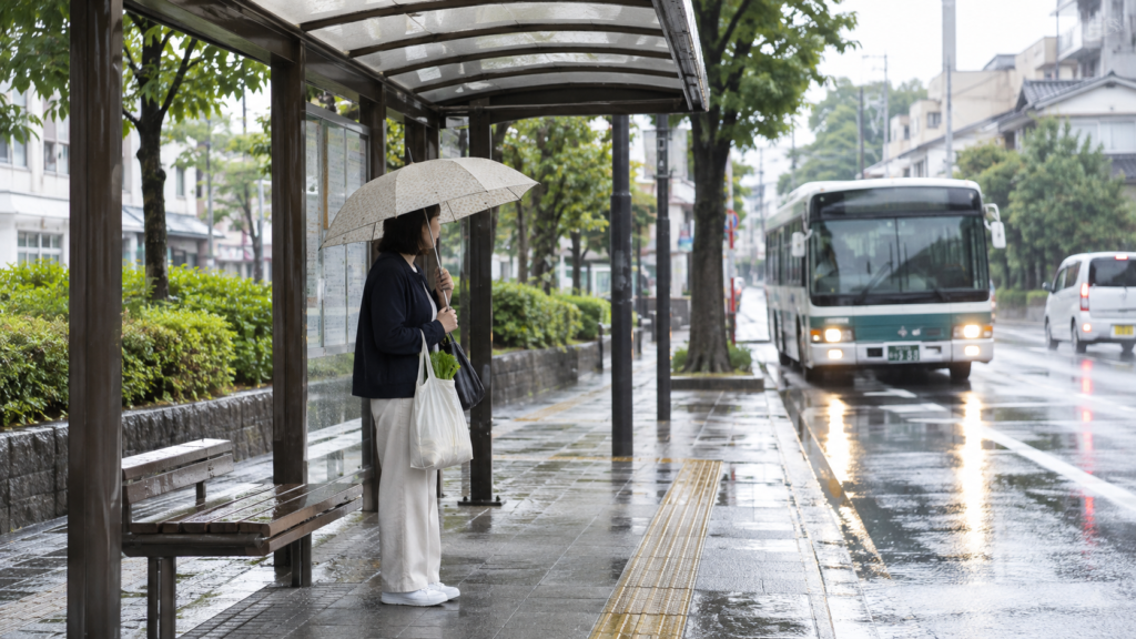 雨の日に屋根付きバス停で待つ人のイメージ