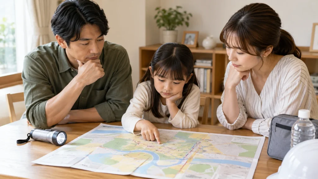 自宅の災害リスクを確認するための地図と防災用品