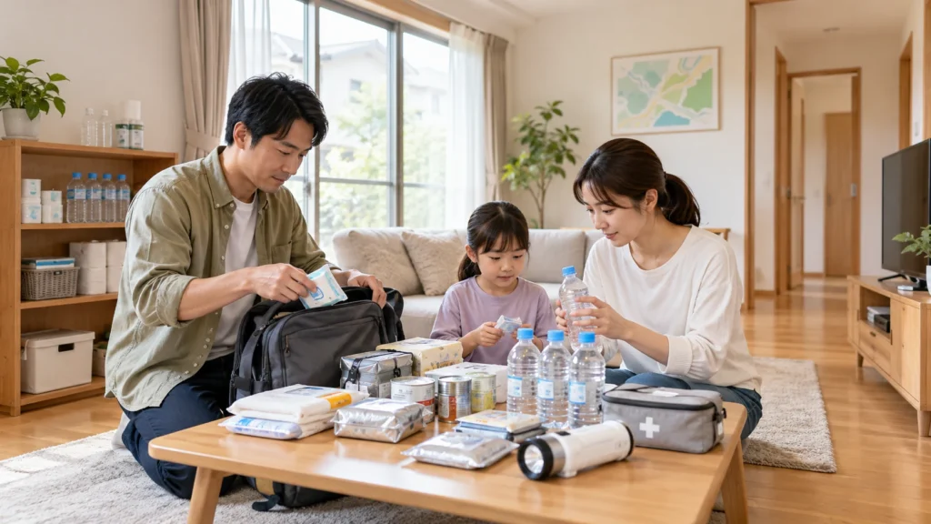 通路を確保し水と生活用品を備えた室内