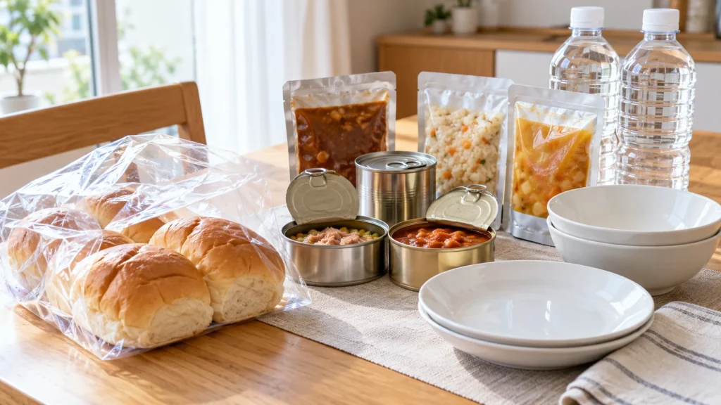 加熱せず食べられる食品と水と食器