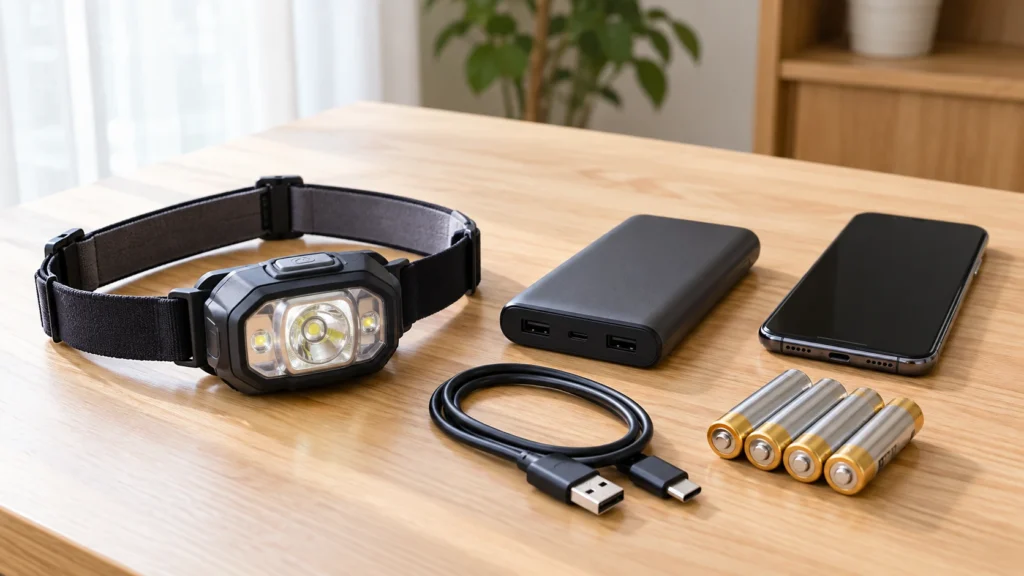 ライトと予備電池とスマートフォン用の充電用品