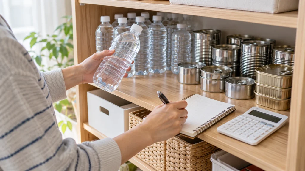 手持ちの水と食品を確かめる備蓄の点検