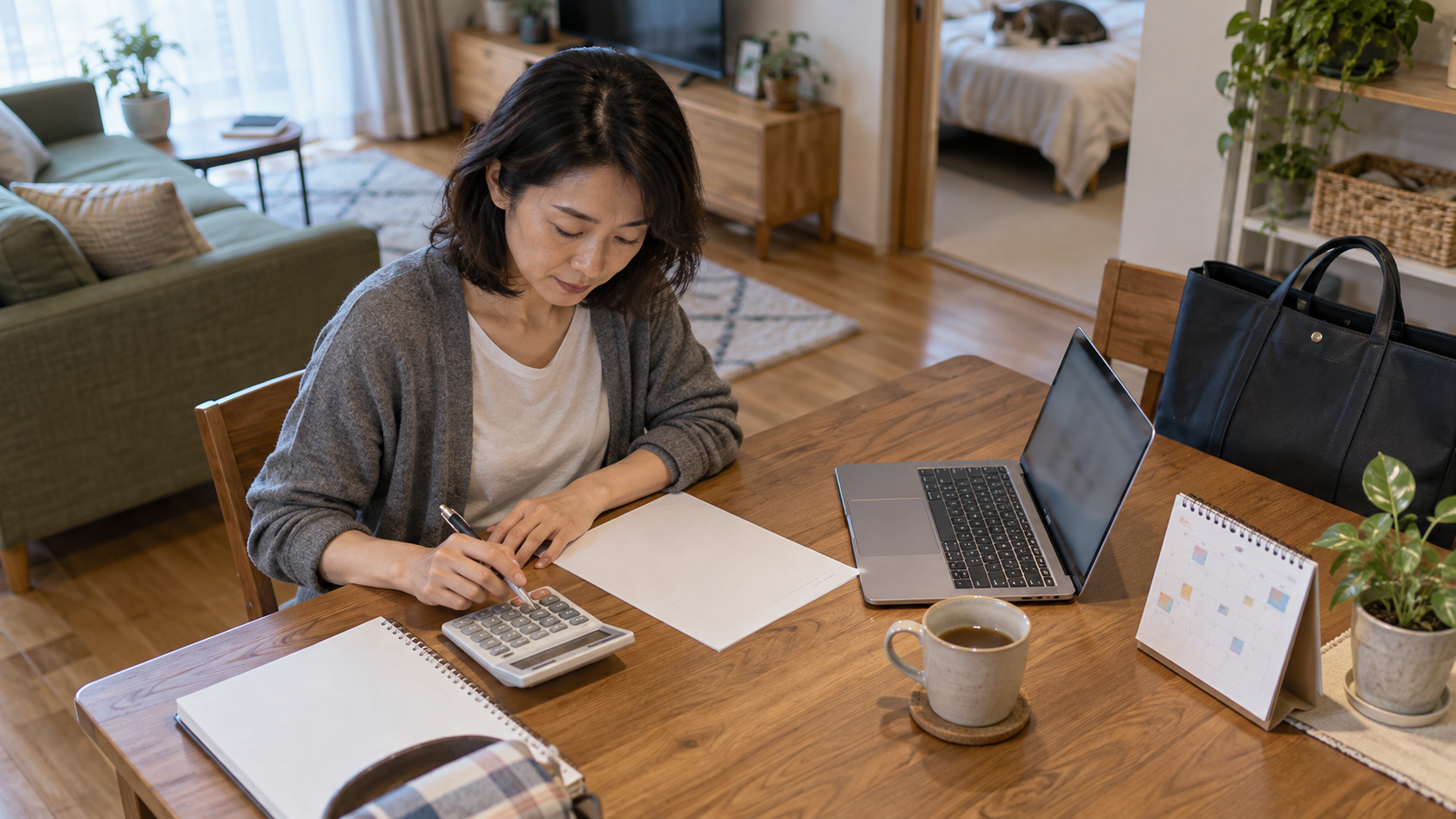 自宅の机で電卓とノートを使って家計を確認する女性