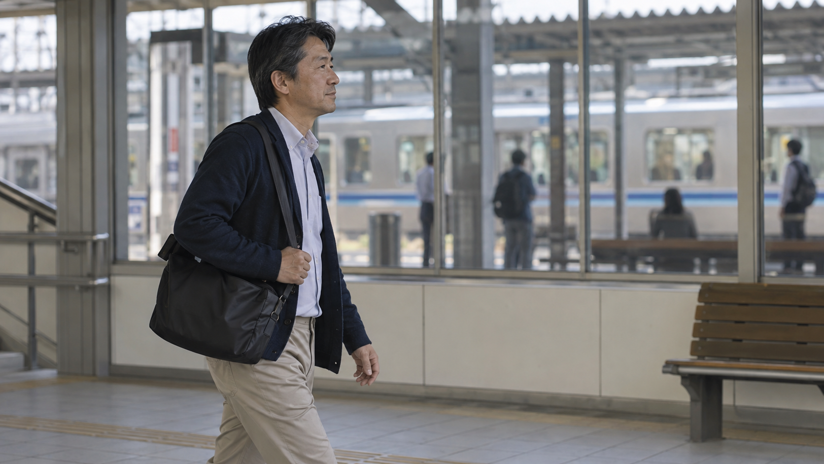 仕事用のバッグを持って駅の構内を歩く男性