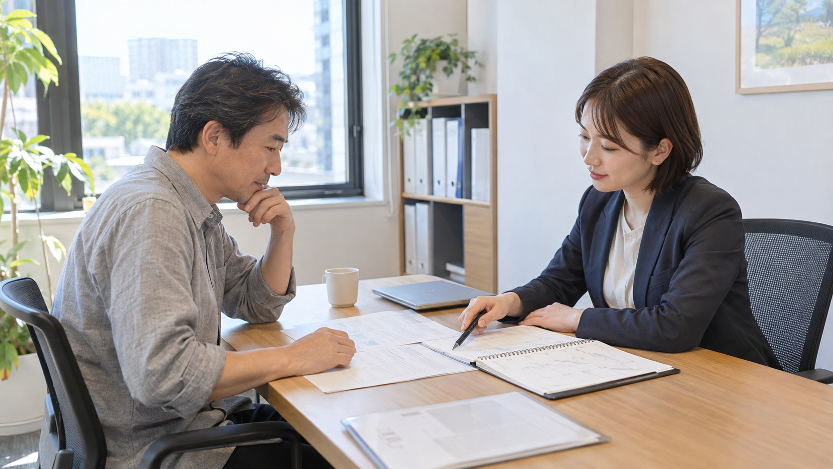 担当者と向き合い書類と予定表を確認する男性