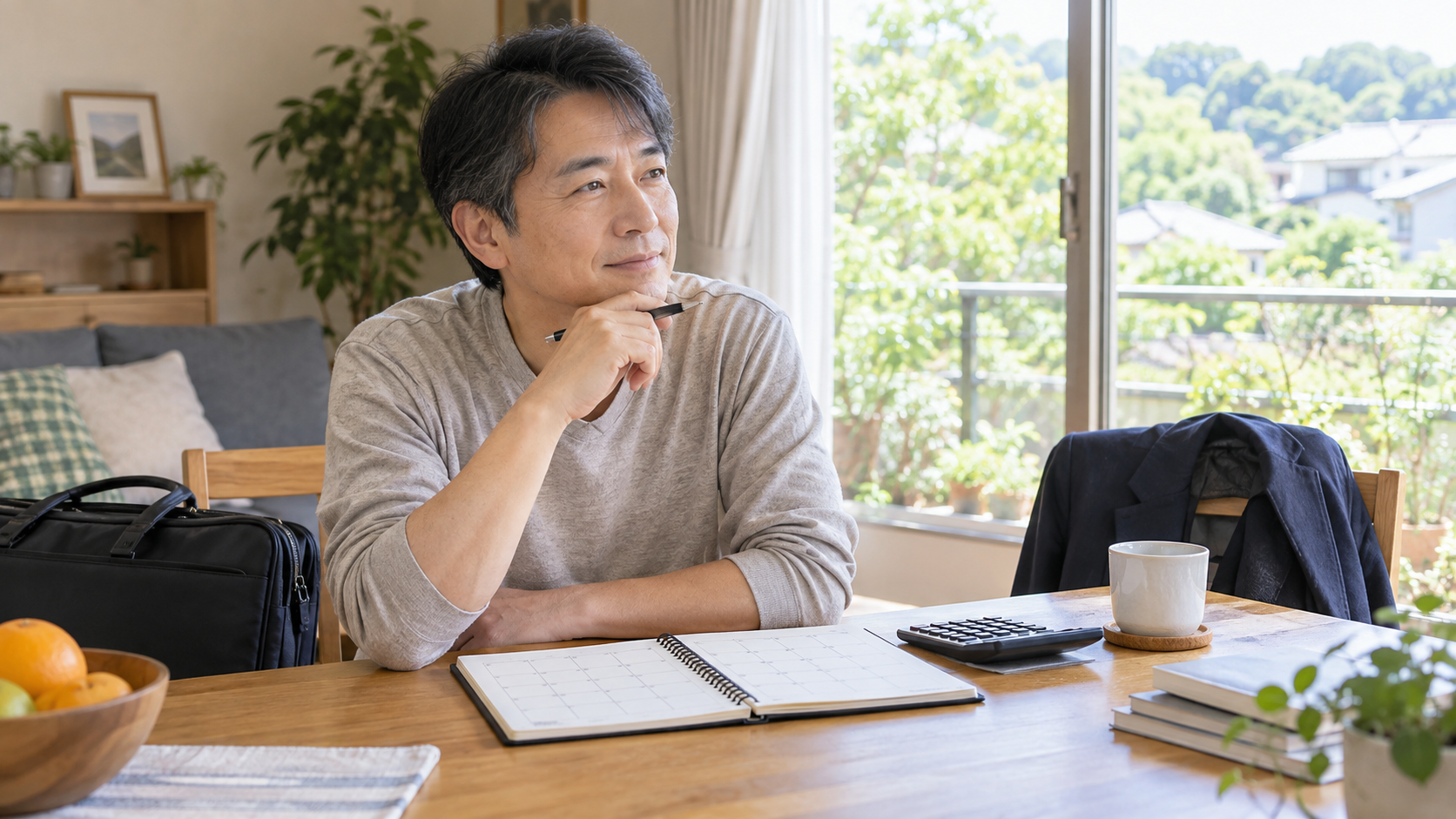 自宅で予定表と電卓を前に働き方を考える男性