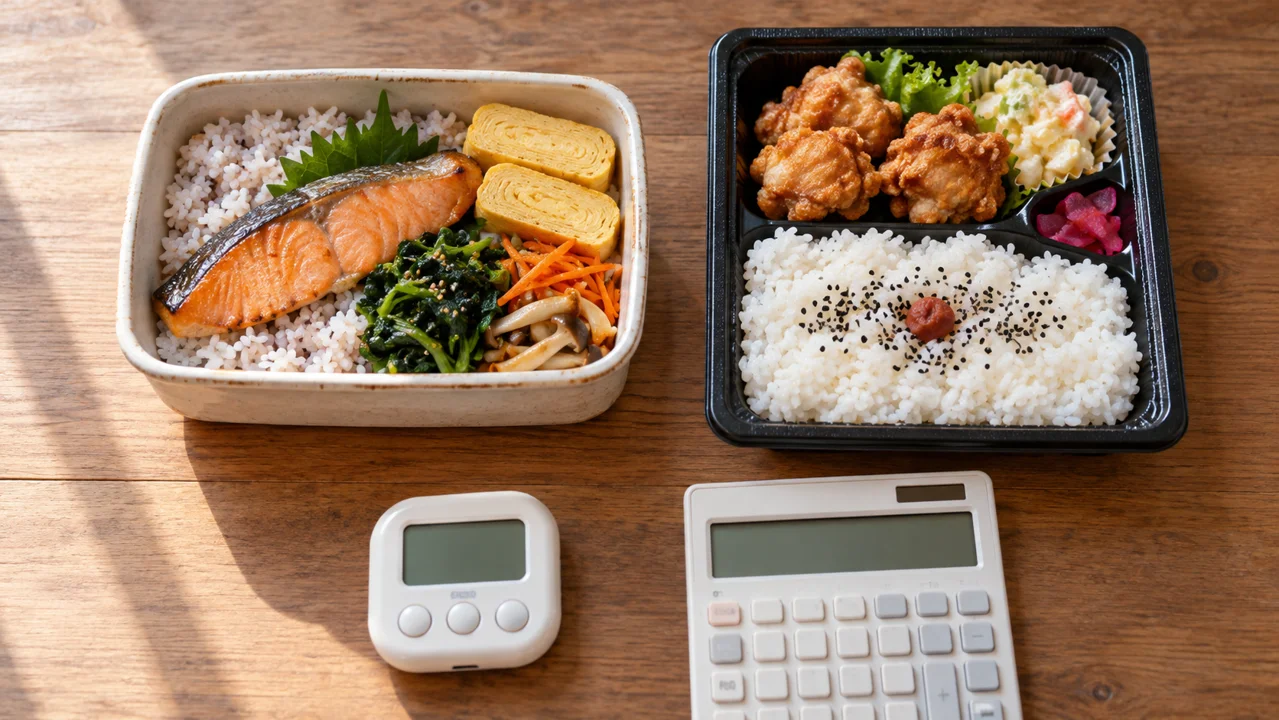 手作りの食事と購入した弁当をタイマーと一緒に並べた比較
