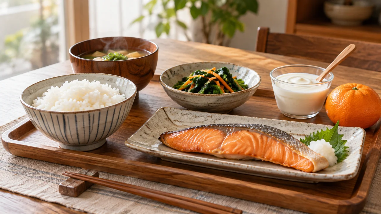 ご飯と魚と野菜に乳製品と果物を組み合わせた食卓