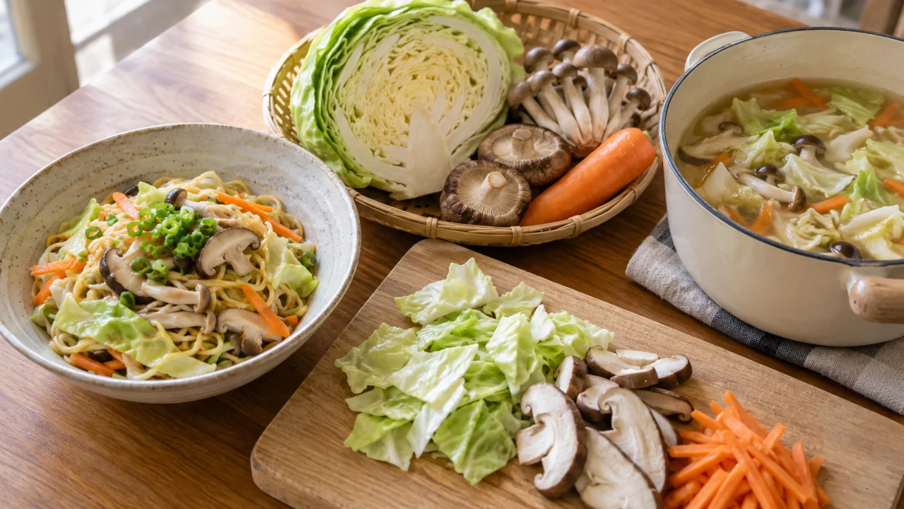キャベツときのこを麺料理とスープへ使い分けた例