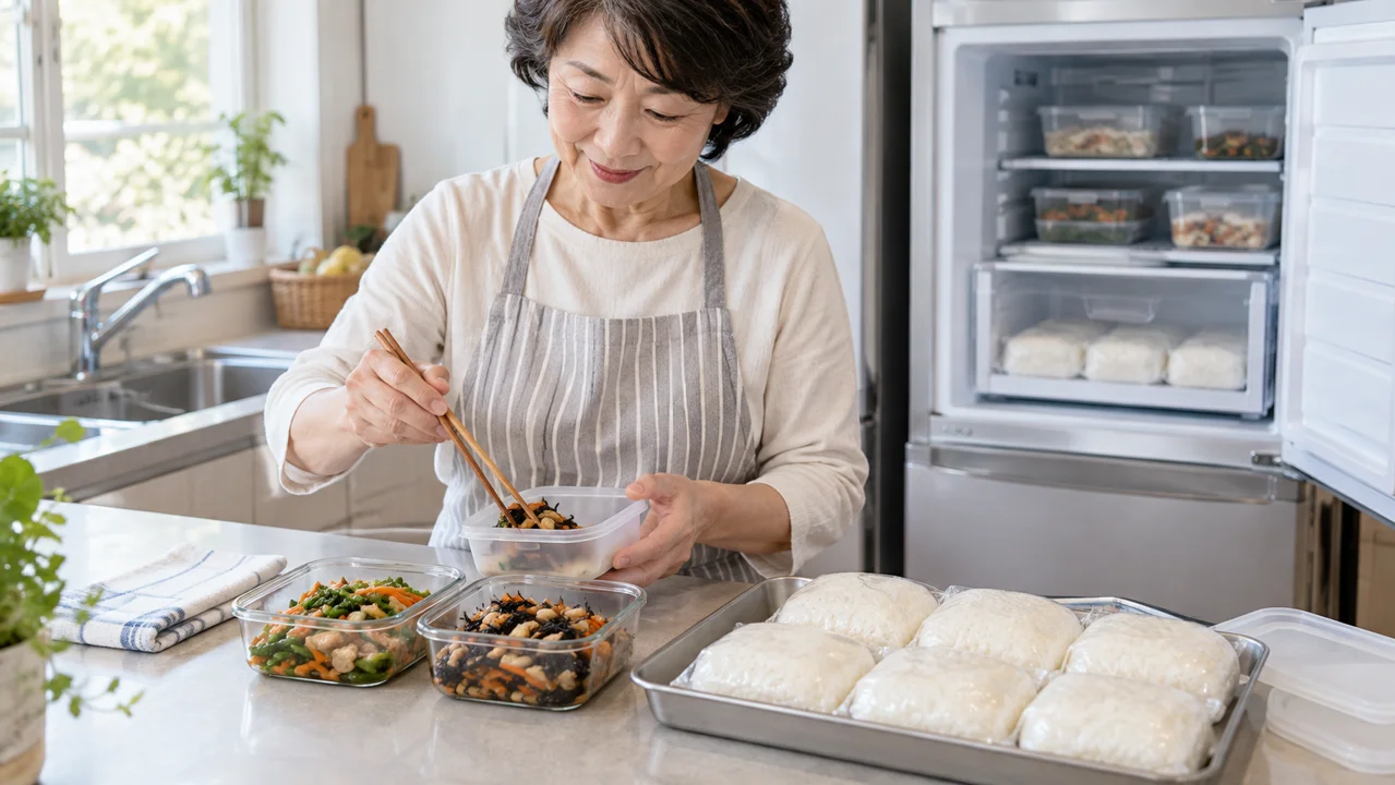浅い容器のおかずと一食分のご飯を小分けにして保存する準備