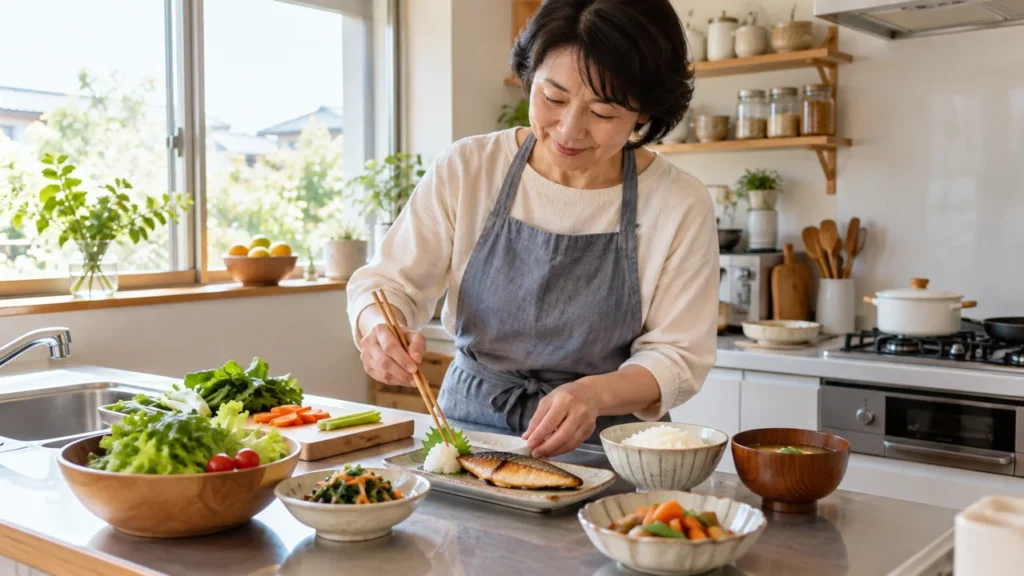 自宅のキッチンで昼食を準備する人